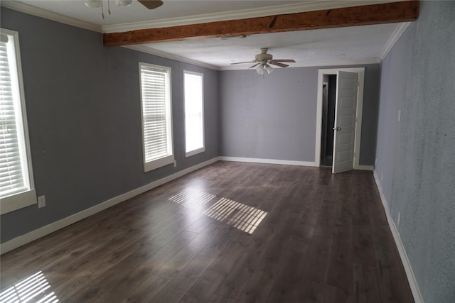 spare room featuring beamed ceiling, dark hardwood / wood-style floors, ceiling fan, and crown molding