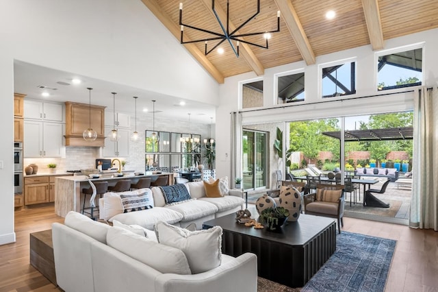 living room featuring wooden ceiling, beamed ceiling, high vaulted ceiling, a chandelier, and hardwood / wood-style flooring