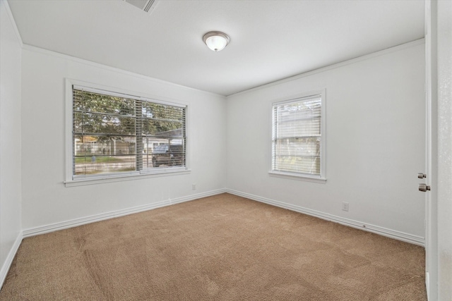 carpeted spare room featuring a healthy amount of sunlight and crown molding