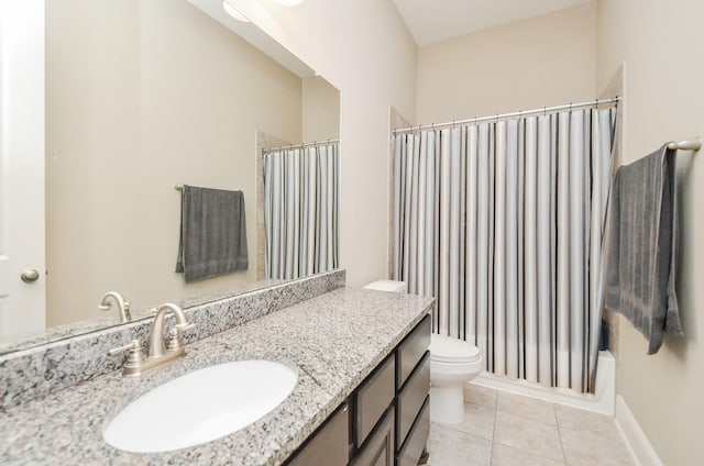 full bathroom featuring toilet, vanity, tile patterned floors, and shower / tub combo with curtain