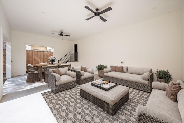 living room featuring ceiling fan