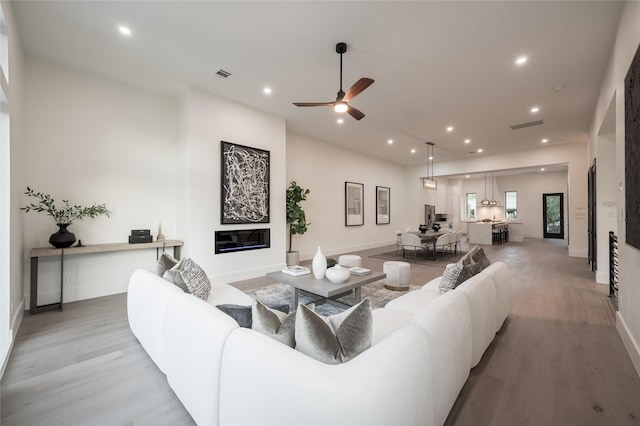 living room featuring ceiling fan and light wood-type flooring