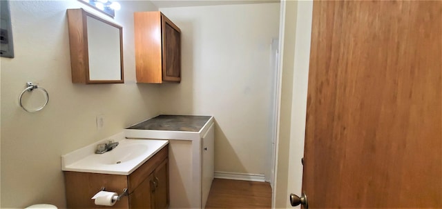 bathroom with hardwood / wood-style floors and vanity