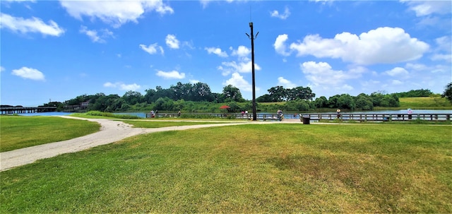 surrounding community featuring a water view and a yard