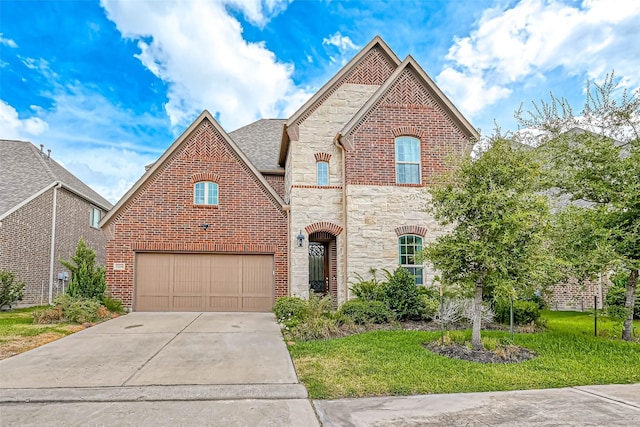 view of property with a garage and a front lawn