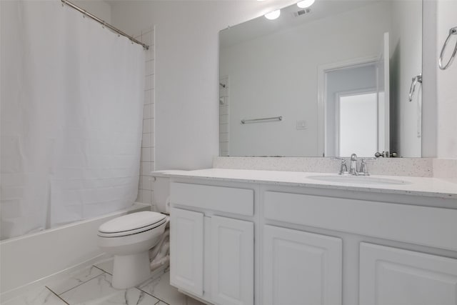 full bathroom with shower / bath combo, vanity, and toilet