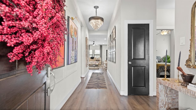 hall with a chandelier and hardwood / wood-style floors