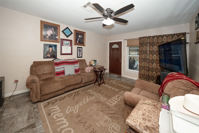 living room featuring ceiling fan