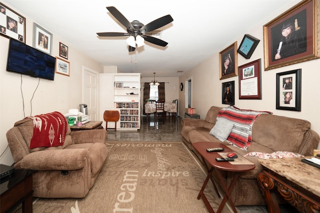 living room featuring ceiling fan