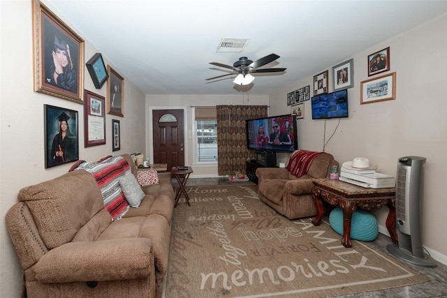 living room featuring ceiling fan