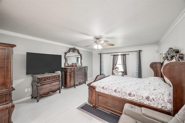 bedroom with baseboards, a ceiling fan, a textured ceiling, crown molding, and light floors