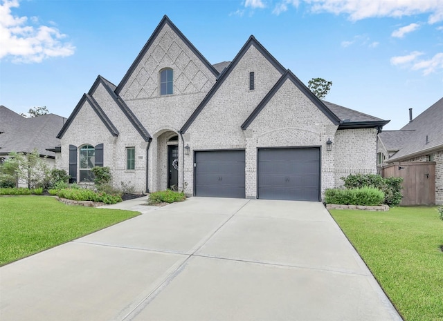 french country home with a garage and a front yard