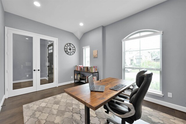 office area with french doors and dark wood-type flooring