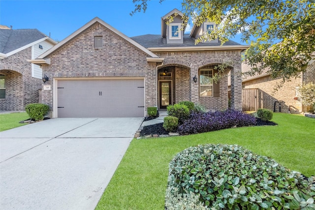 view of front of property with a garage and a front yard