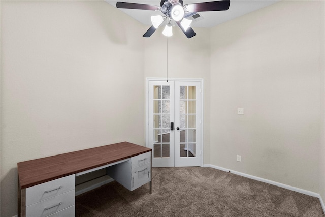 unfurnished office featuring carpet, french doors, and ceiling fan