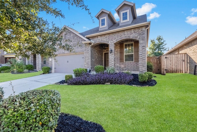 view of front of home with a garage and a front lawn