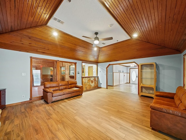 living room featuring ceiling fan, light hardwood / wood-style floors, and wooden ceiling