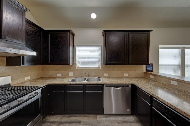 kitchen with appliances with stainless steel finishes, tasteful backsplash, dark brown cabinets, sink, and light hardwood / wood-style flooring