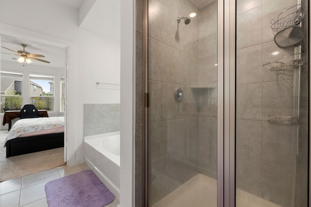 bathroom with tile patterned floors, ceiling fan, and independent shower and bath