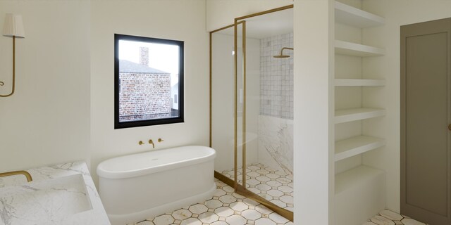 bathroom featuring tile patterned floors, built in shelves, sink, and independent shower and bath