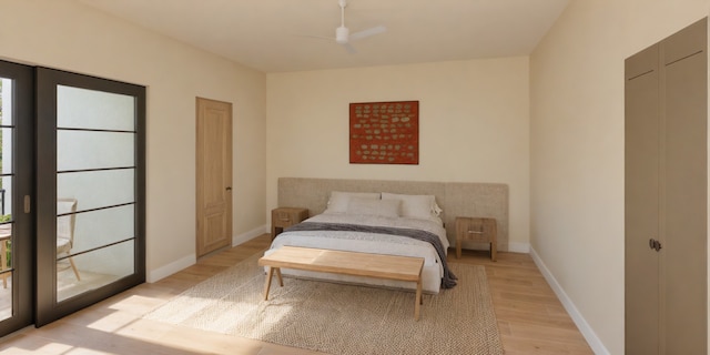 bedroom with light wood-type flooring, ceiling fan, and baseboards