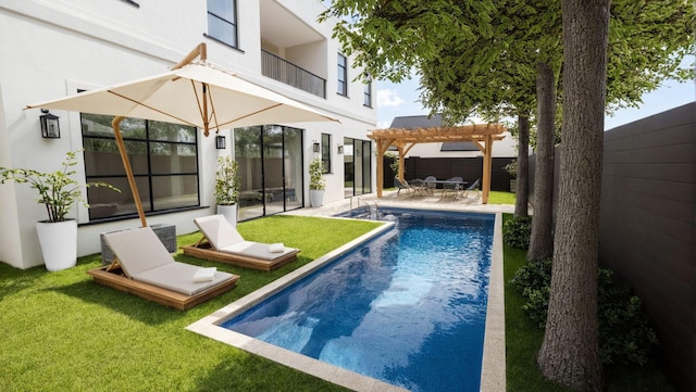 view of swimming pool featuring a patio, a lawn, a fenced backyard, and a pergola