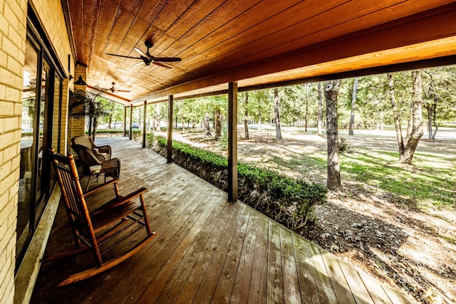 wooden deck with ceiling fan and covered porch