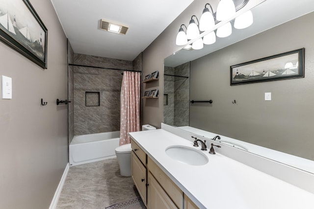 full bathroom with shower / bath combo, vanity, and toilet