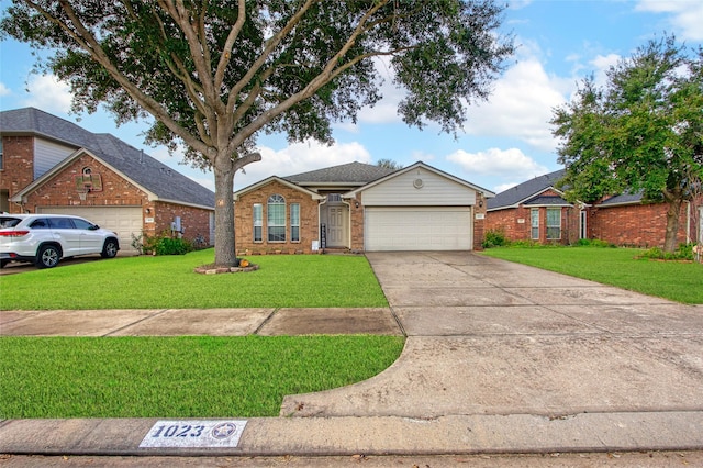 ranch-style home with a front lawn and a garage