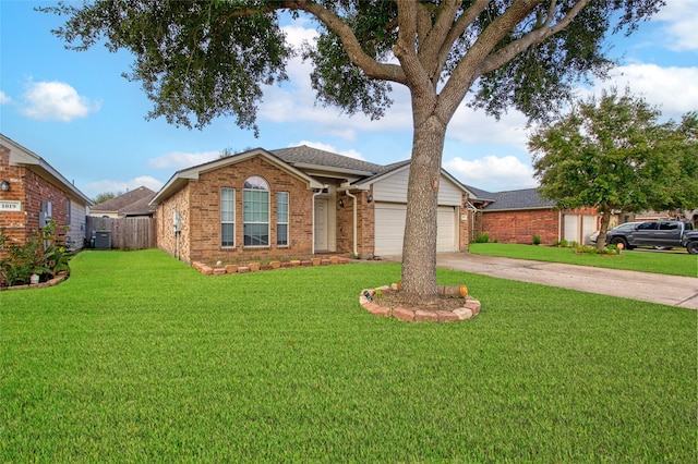 ranch-style home with a garage, central air condition unit, and a front lawn