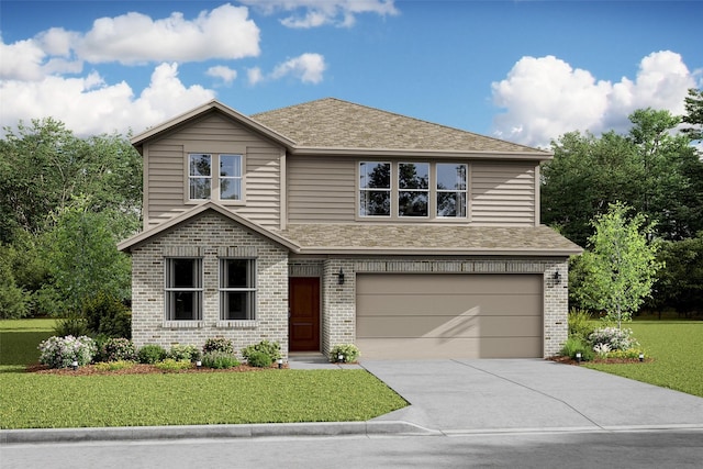 view of property with a garage and a front lawn