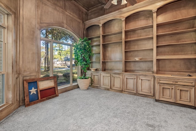 interior space with ceiling fan and wooden walls