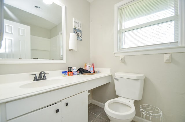 bathroom with tile patterned flooring, vanity, and toilet