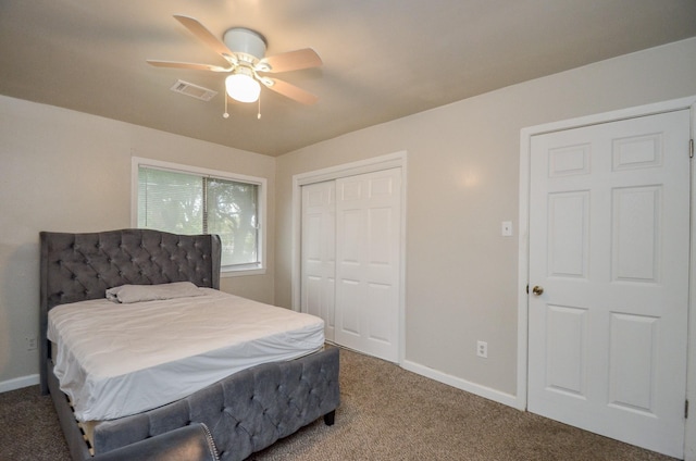 bedroom with carpet flooring, ceiling fan, and a closet