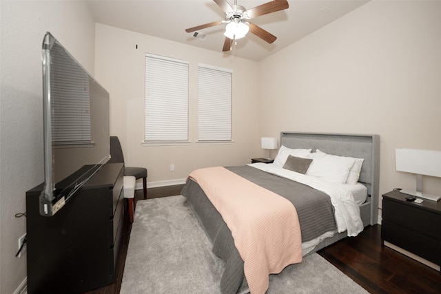 bedroom featuring wood-type flooring and ceiling fan