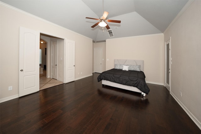 bedroom featuring ceiling fan, crown molding, wood-type flooring, and vaulted ceiling