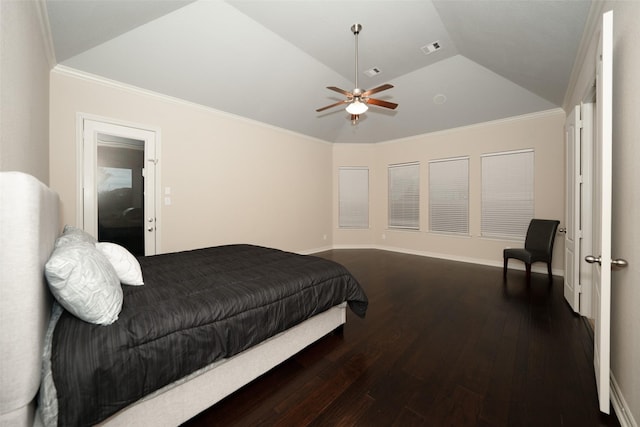 bedroom featuring ceiling fan, dark hardwood / wood-style floors, lofted ceiling, and ornamental molding