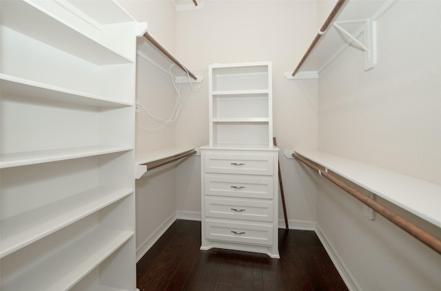 walk in closet with dark hardwood / wood-style floors