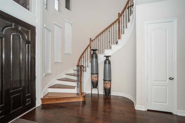 entrance foyer featuring dark wood-type flooring and a high ceiling