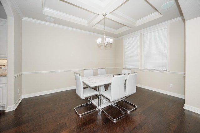 dining room featuring coffered ceiling, crown molding, dark hardwood / wood-style floors, beam ceiling, and a chandelier