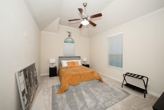 bedroom featuring ceiling fan, light colored carpet, lofted ceiling, and ornamental molding