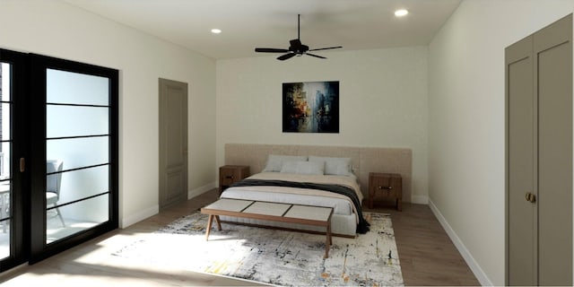 bedroom featuring ceiling fan, access to outside, and light hardwood / wood-style flooring