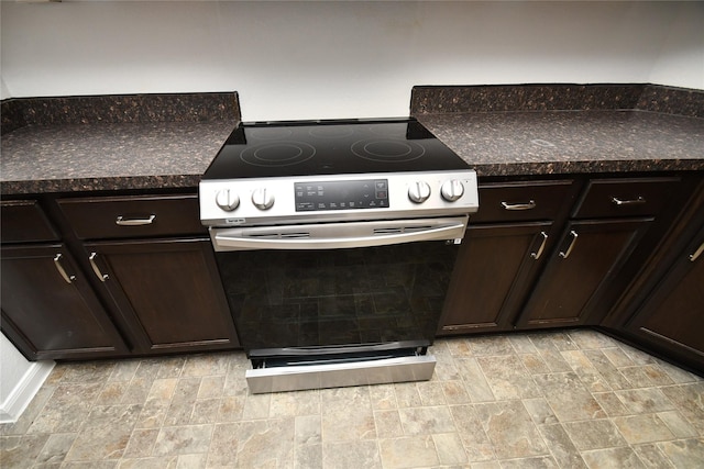 kitchen with dark brown cabinetry and stainless steel range with electric cooktop