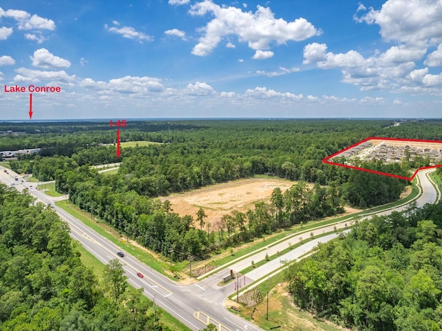 birds eye view of property featuring a wooded view