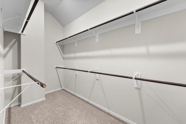 spacious closet featuring carpet flooring and vaulted ceiling