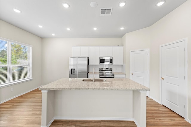 kitchen featuring sink, white cabinetry, a kitchen island with sink, and appliances with stainless steel finishes