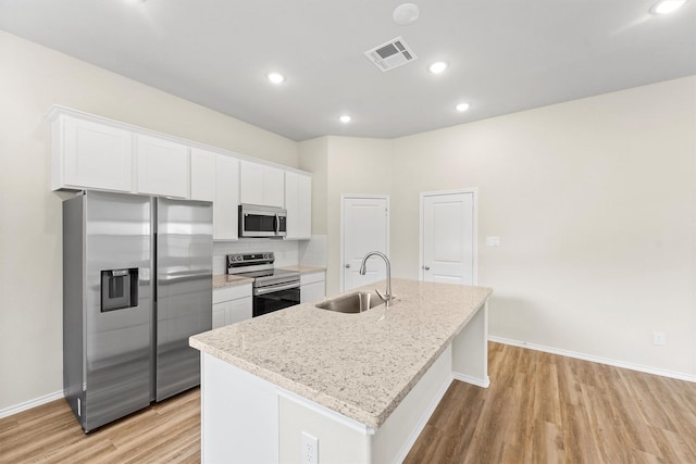 kitchen featuring white cabinets, sink, appliances with stainless steel finishes, and an island with sink