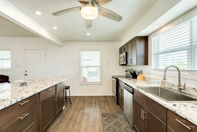 kitchen featuring sink, light stone counters, dark brown cabinets, dark hardwood / wood-style floors, and stainless steel appliances