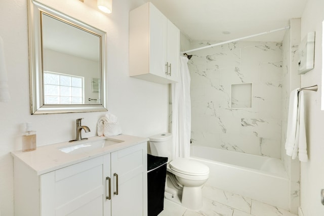 full bathroom with vanity, toilet, and shower / bath combo with shower curtain