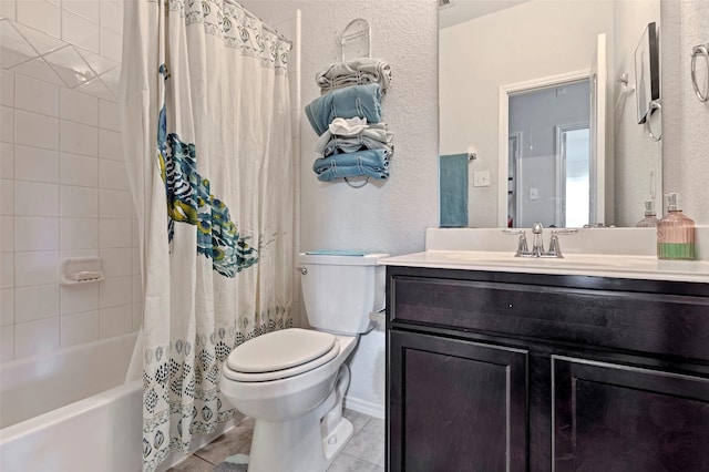 full bathroom featuring tile patterned floors, vanity, toilet, and shower / bathtub combination with curtain